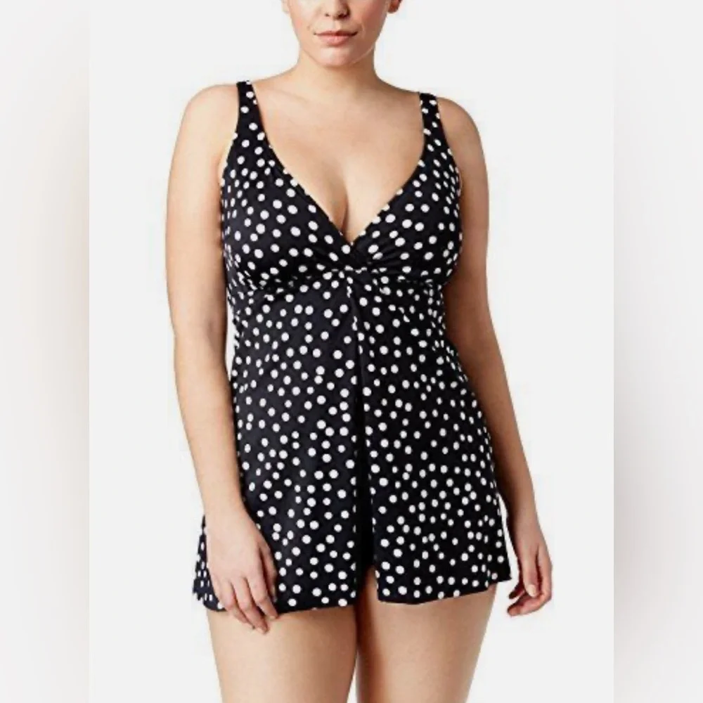 Swim Solutions NWT Swimsuit One Piece Women’s Plus 18W Black Polka Dot Dress - Picture 1 of 11